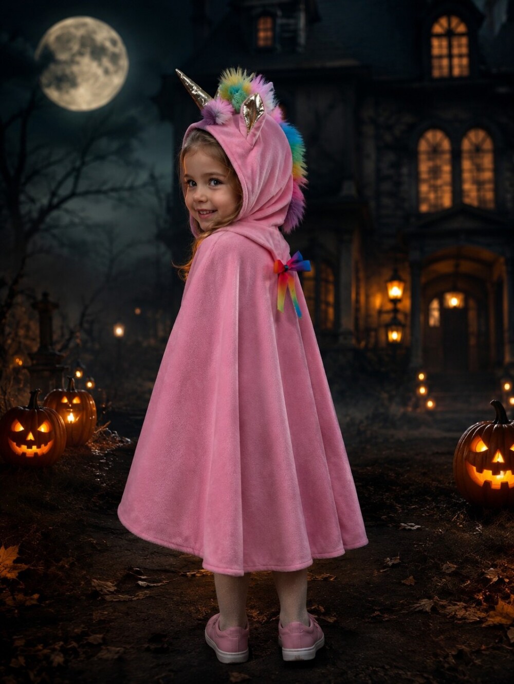 Girls Pink Unicorn Hooded Cape Costume with Rainbow Mane 3-4